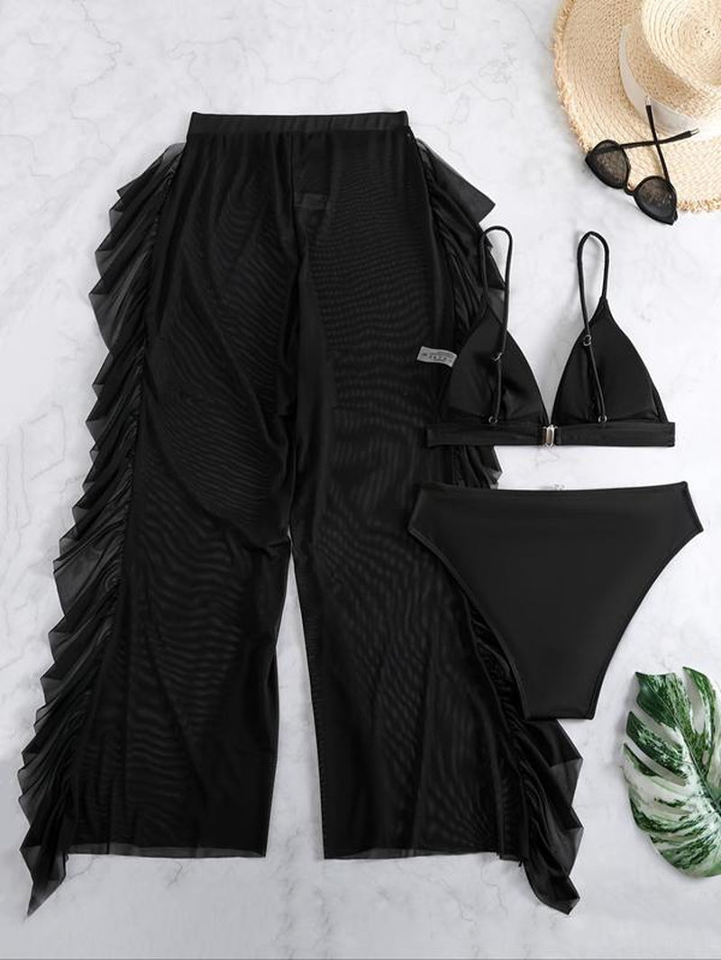 Plus Size Three-Piece Set Triangle Bra & Ruffle Trim Wide Leg Pants & Panty Bikini Set, Casual 2024 Summer Swimwear Set, Women'S Swimsuit for Holiday Vacation