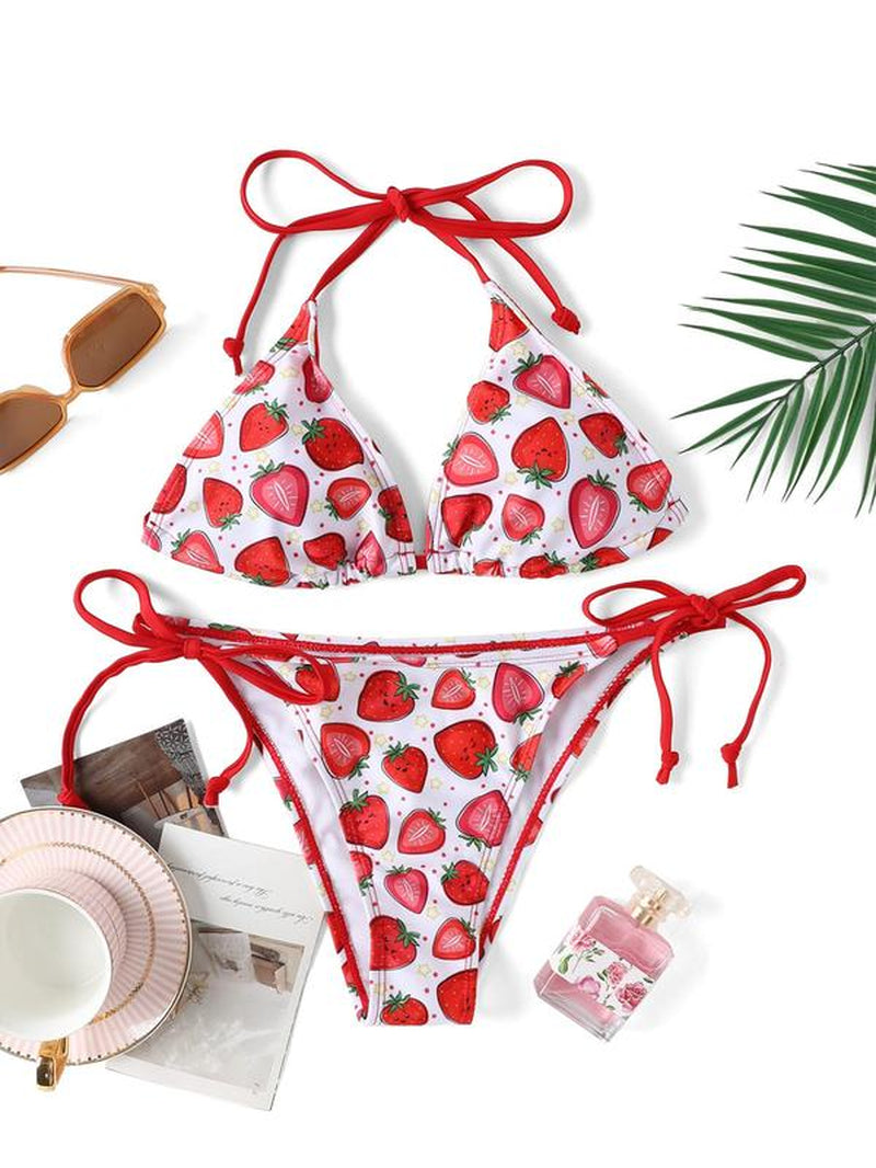 Women'S Strawberry Print Tie Back Bikini Set, Halter Triangle Swim Top & Tie Side Swim Bottom Swimwear Set, Ladies Swimsuit for Summer Beach Holiday Vacation