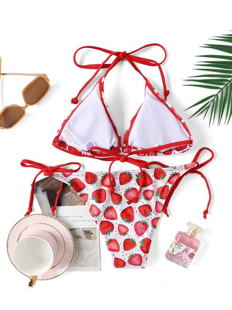 Women'S Strawberry Print Tie Back Bikini Set, Halter Triangle Swim Top & Tie Side Swim Bottom Swimwear Set, Ladies Swimsuit for Summer Beach Holiday Vacation