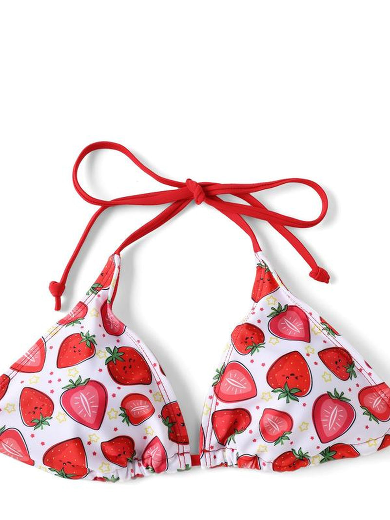 Women'S Strawberry Print Tie Back Bikini Set, Halter Triangle Swim Top & Tie Side Swim Bottom Swimwear Set, Ladies Swimsuit for Summer Beach Holiday Vacation