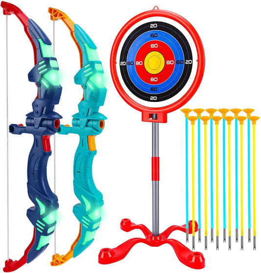 2 Pack Bow and Arrow for Kids with LED Flash Lights - Archery Set with 12 Suction Cup Arrows, Standing Target, Quiver, Practice Outdoor Toys for Kids 4-12, Blue and Green