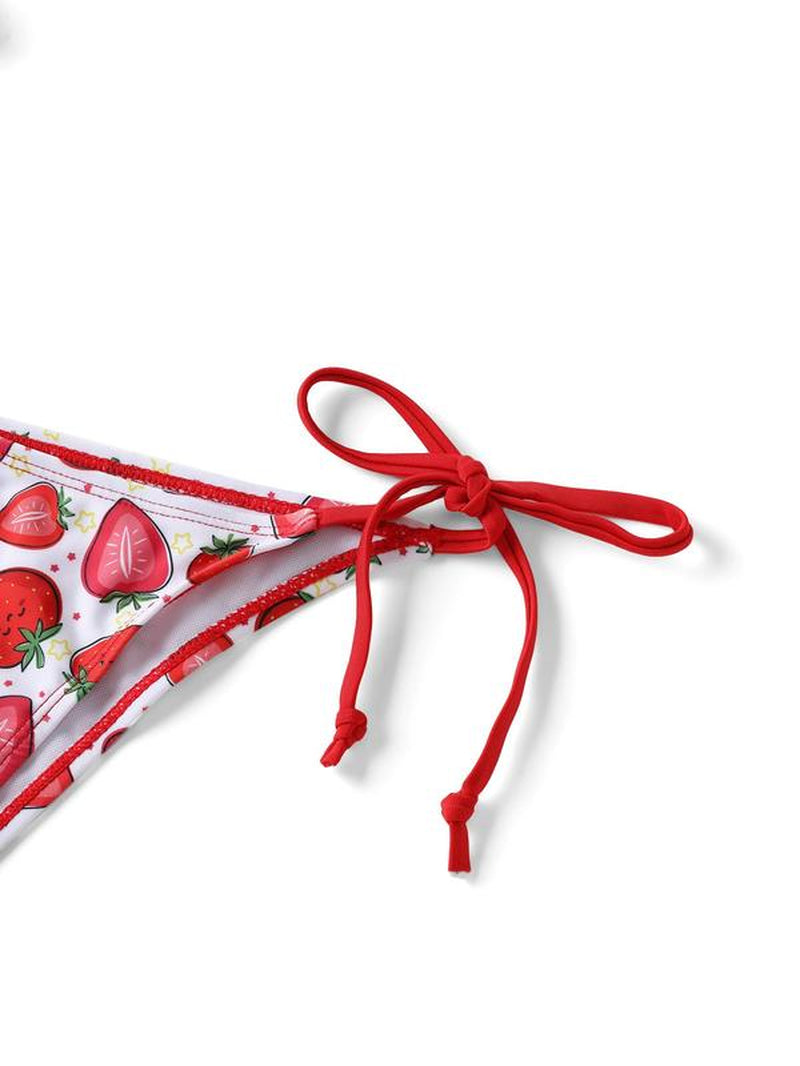 Women'S Strawberry Print Tie Back Bikini Set, Halter Triangle Swim Top & Tie Side Swim Bottom Swimwear Set, Ladies Swimsuit for Summer Beach Holiday Vacation