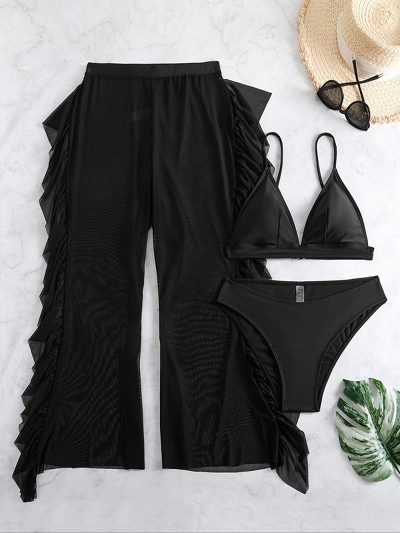 Plus Size Three-Piece Set Triangle Bra & Ruffle Trim Wide Leg Pants & Panty Bikini Set, Casual 2024 Summer Swimwear Set, Women'S Swimsuit for Holiday Vacation