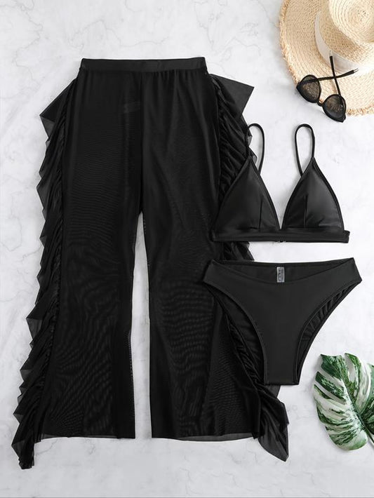 Plus Size Three-Piece Set Triangle Bra & Ruffle Trim Wide Leg Pants & Panty Bikini Set, Casual 2024 Summer Swimwear Set, Women'S Swimsuit for Holiday Vacation