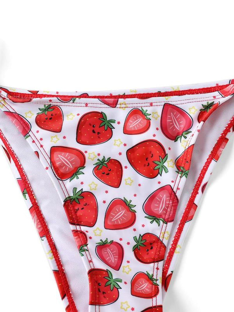 Women'S Strawberry Print Tie Back Bikini Set, Halter Triangle Swim Top & Tie Side Swim Bottom Swimwear Set, Ladies Swimsuit for Summer Beach Holiday Vacation