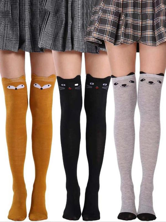 Women'S 3 Pairs Cartoon Cat Print over the Knee Socks, Cute Comfy Breathable Socks for Daily Wear, Women'S Socks for All Seasons